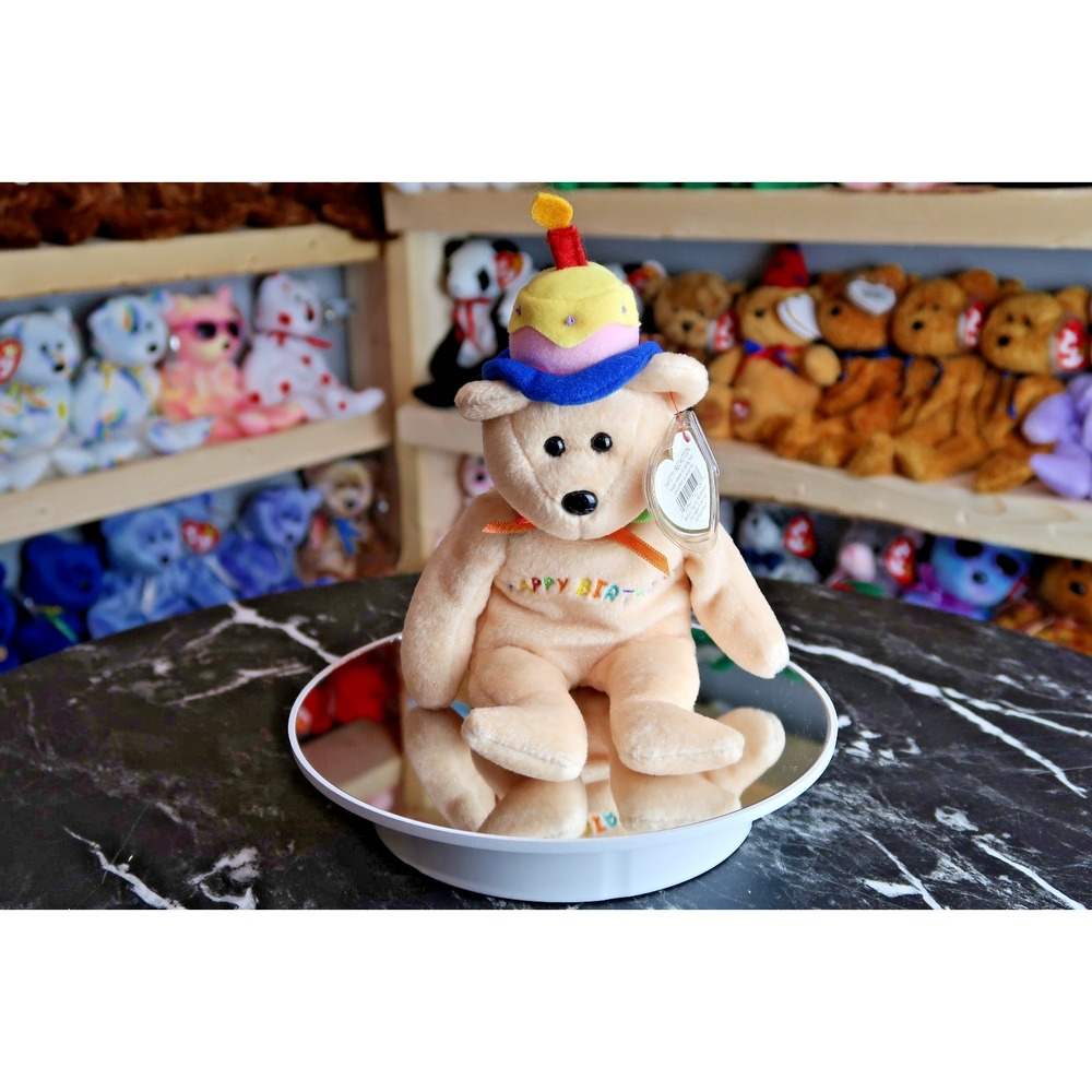 TY Beanie Baby - Happy Birthday Bear (Beige) With Cake Hat | Tush Tag Wear
